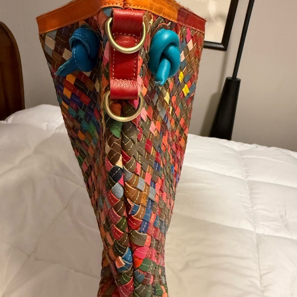 Multicolor Woven Tote with Blue Handles - Picture 5 of 6